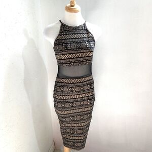 Lovley Day | Elegant Black and Brown Patterned Dress With Sheer Cut Out